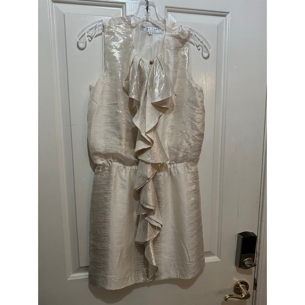 Trina Turk Women's Cream Silk Ruffle Front Mini Dress Size 2